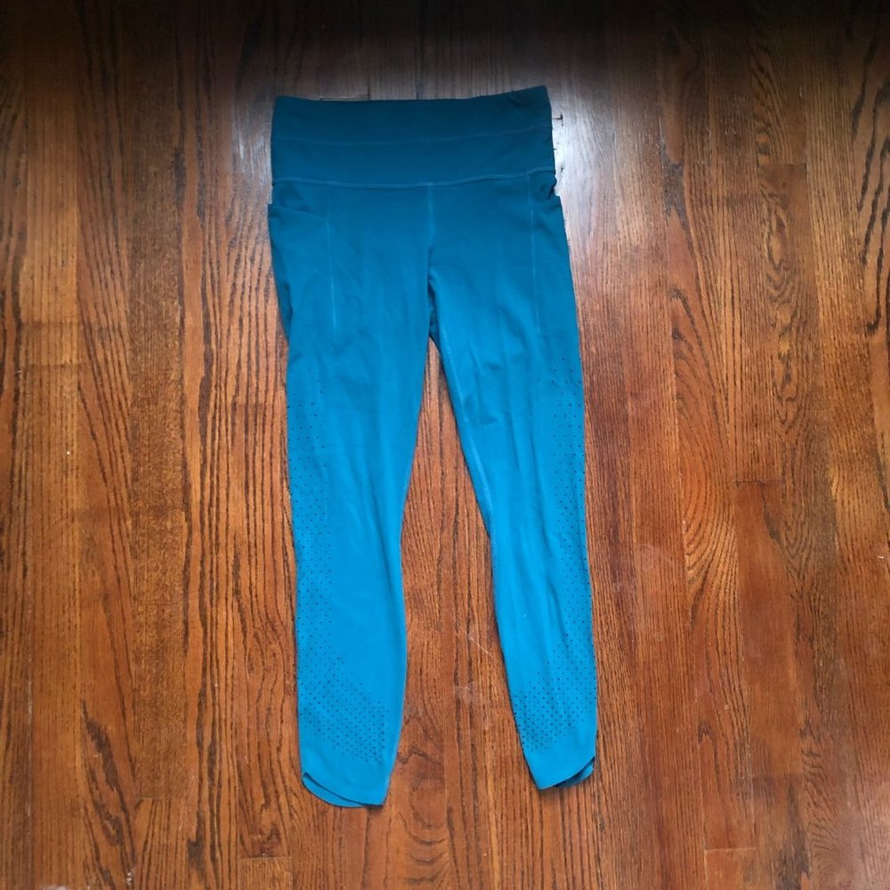 Athleta Turquois Laser Cut High Waisted Leggings